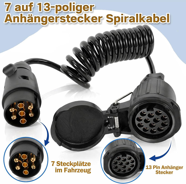 Adapter Anhänger 7 auf 13 Polig, 2M Spiralkabel | Buchse Verlängerungskabel Anhänger Kabeladapter fü