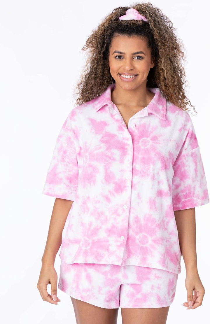 Barbie Damen 3 Stück Torubing Co-Ord Beach Cover Up | Rosa Batikfarbe Handtuch T-Shirt Shorts Haargu