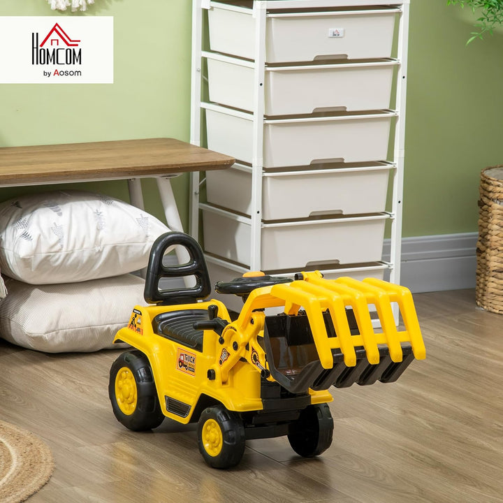 HOMCOM Sitzbagger Aufsitzbagger mit drehbarer Verstellbarer Schaufel, Hupe Kinderbagger mit Stauraum