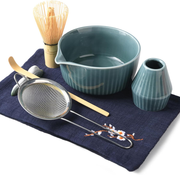 Matcha Set Premium 7-teilig Keramik: Matcha Schale, Bambus Besen (Chasen),Teebesenbasis，Teelöffel, S