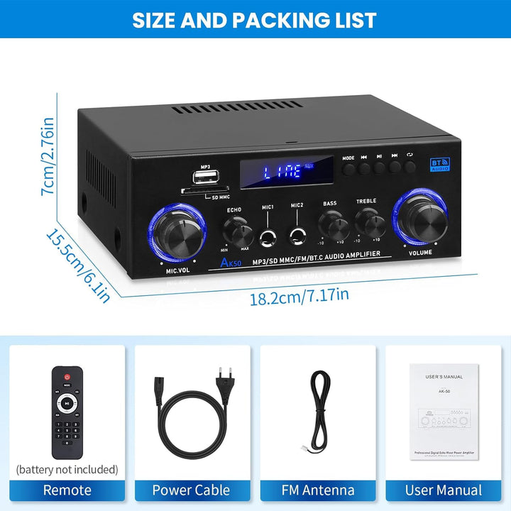 AK50 HiFi-Verstärker mit Bluetooth RMS 60WX2 Stereo Audio Verstärker Empfänger 2.0 Kanal Max 400W Au