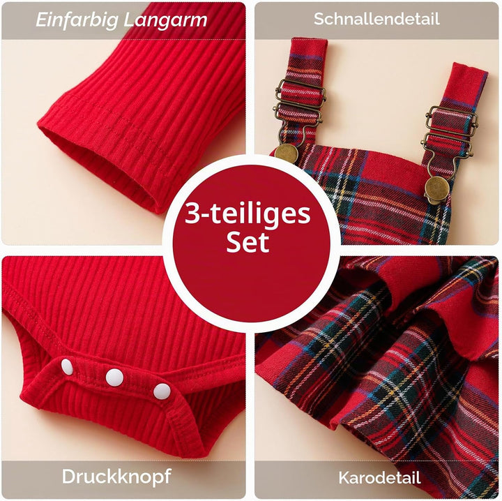 Neugeborenes Baby Mädchen Röcke Sets Rüschen Top + Plaid/Dots/Bowknot Overalls Hosenträger Kleid + S