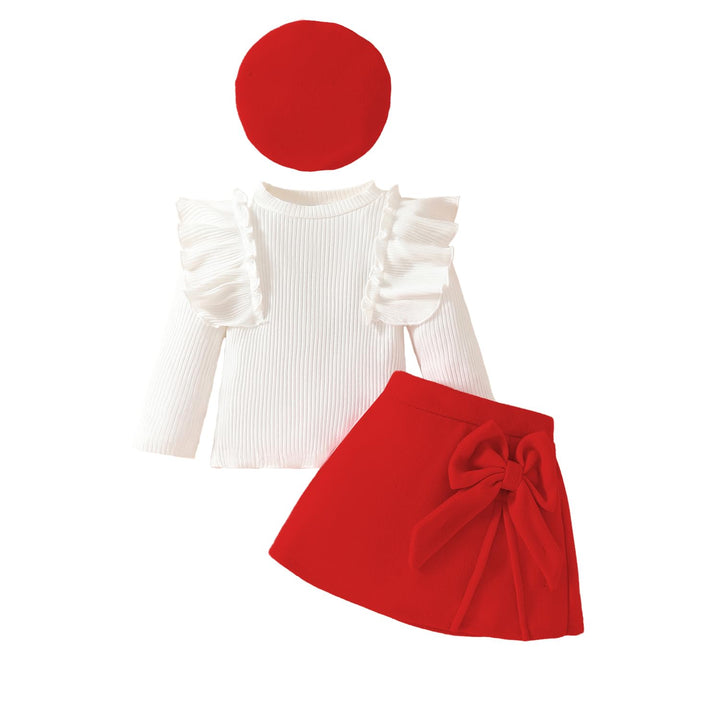 Kleinkind Baby Mädchen Outfits Rüschenärmel Gestrickt Bowknot Shirt + Elegant Mini Rock+ Baskenmütze