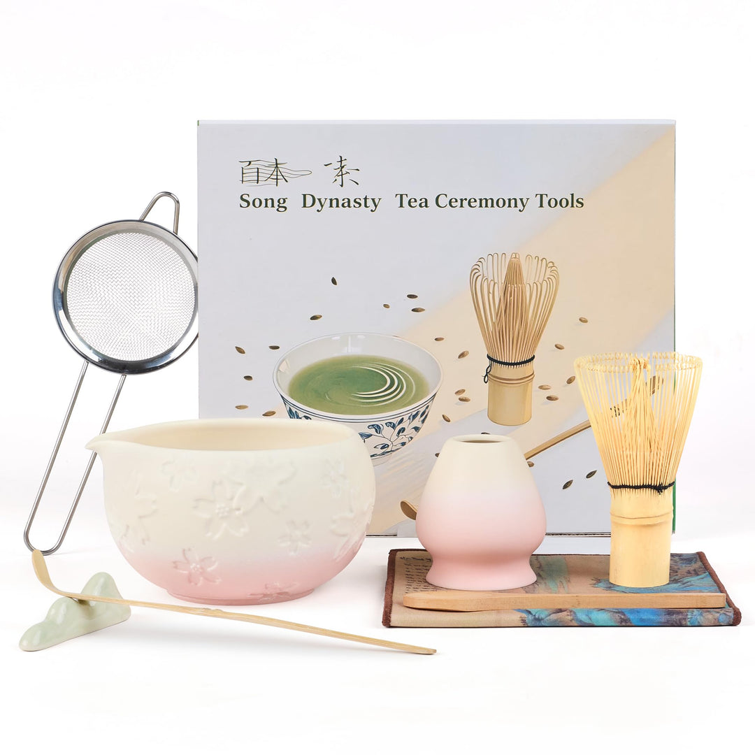 Matcha Tea Set 8- piece Matcha Broom Set with Whisk, Broom Holder, Ceramic Bowl, 2 Teaspoons, spoon