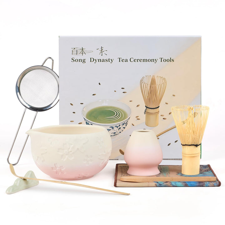 Matcha Tea Set 8- piece Matcha Broom Set with Whisk, Broom Holder, Ceramic Bowl, 2 Teaspoons, spoon