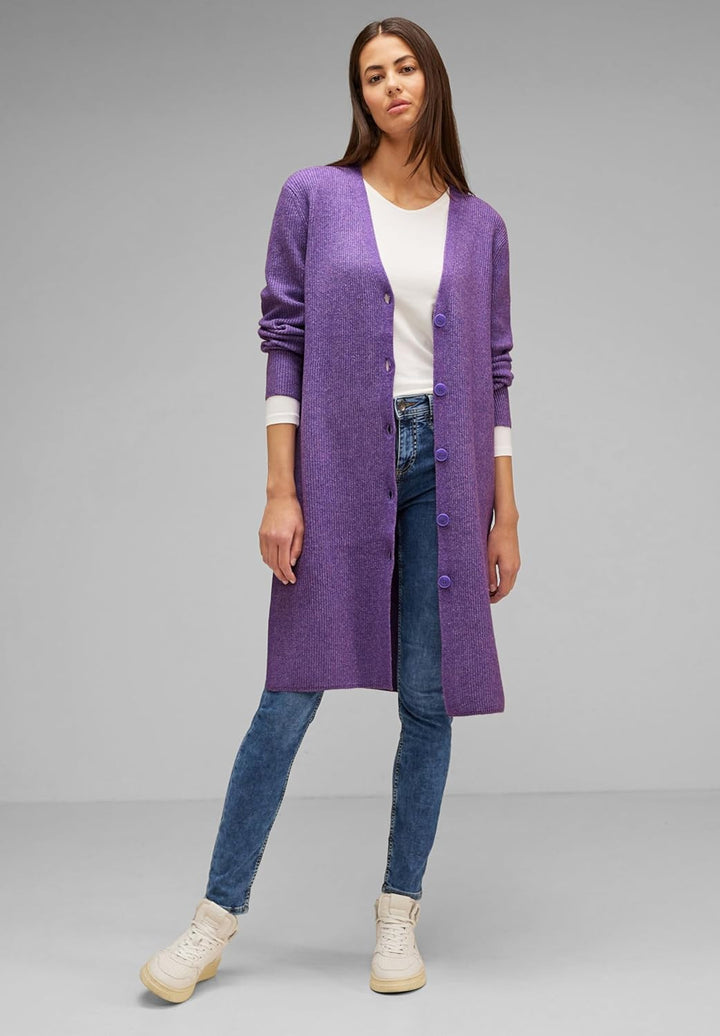 Street One Damen Langer Melange Cardigan 46 Dark Lupine Lilac Melange, 46 Dark Lupine Lilac Melange