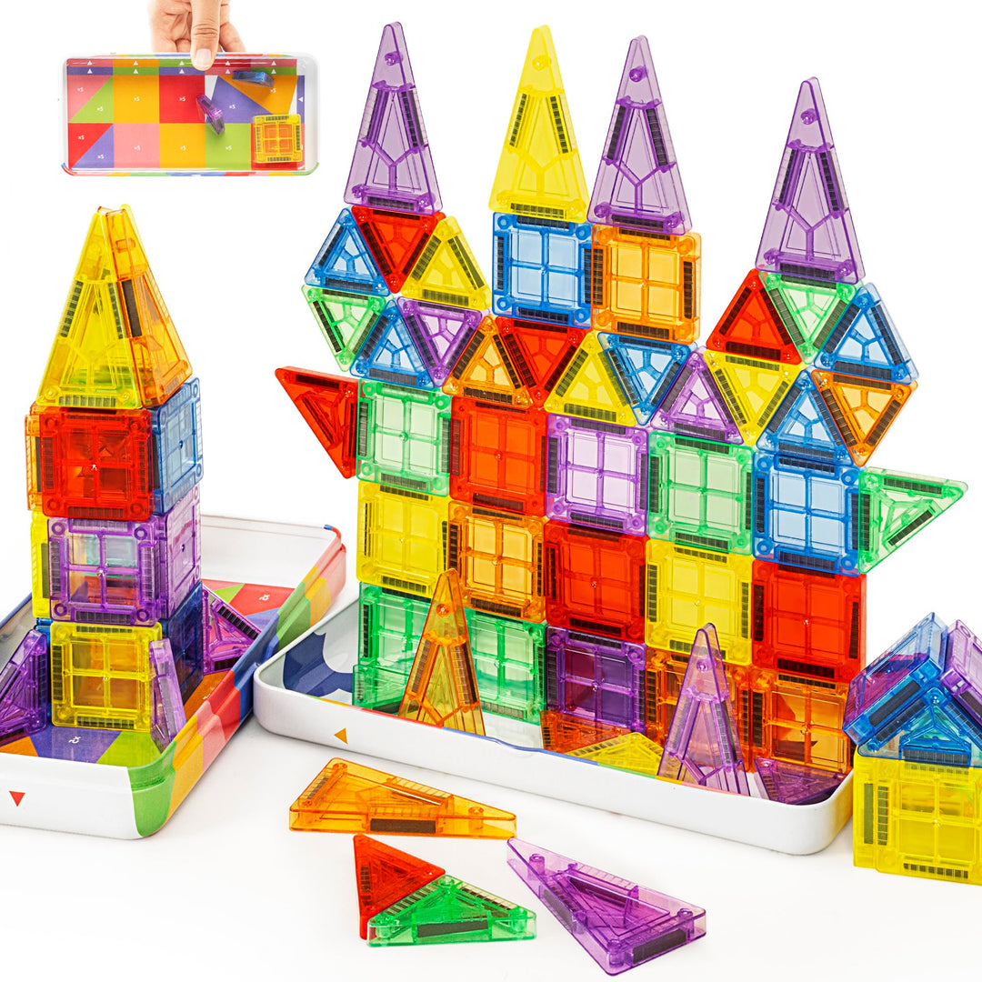 cossy Mini Magnetische Bausteine, 80 pcs Magnetbausteine Reiseset, Reisespielzeug mit Metallbox, Mag