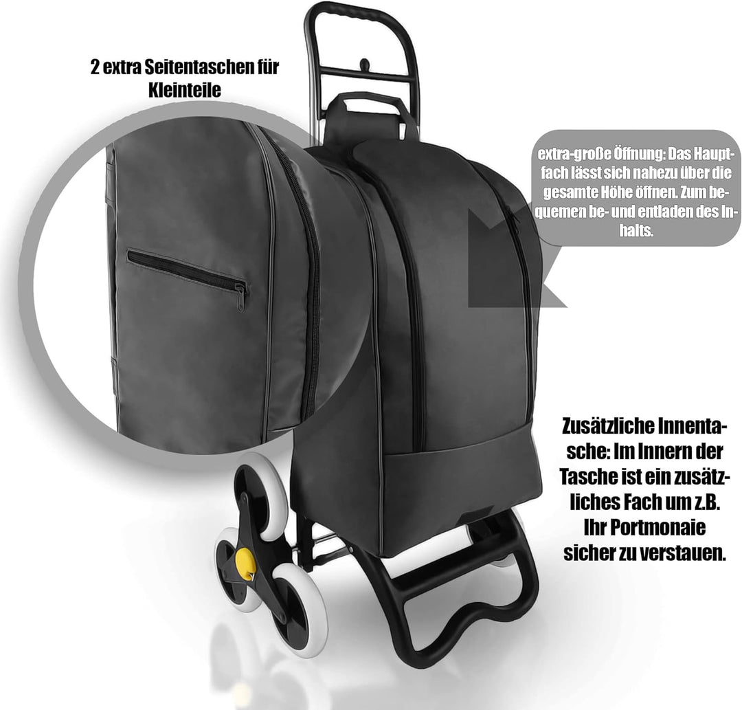 BigDean Einkaufstrolley mit Treppensteiger-Funktion, Kühlfach & 6 grossen Rädern - 40L faltbar schwa