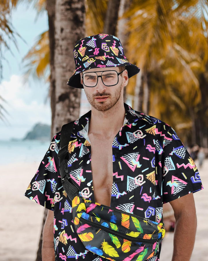 BIQIQI 80er Jahre Outfit Herren 80er Jahre Kleidung Set Rapper Zubehör mit Eimer Hut Gläser Hemd Bau