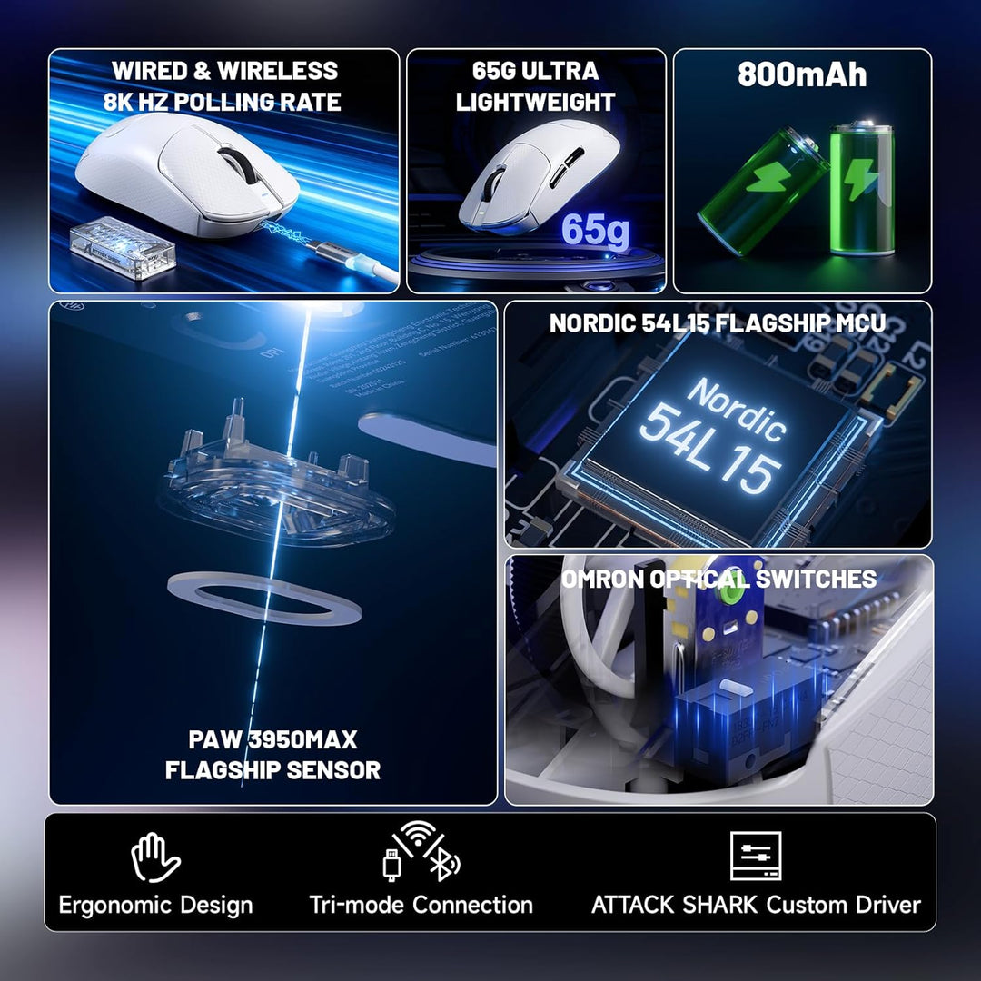 ATTACK SHARK X8 Serie Kabellose Gaming-Maus, 55–65 g Superleicht, PixArt PAW3395/3950 Sensor, BT/2.4