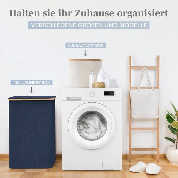 Lonbet - Wäschekorb mit Deckel Gross - XL 100 Liter - Wäschekorb Holz Bambus - Wäschesammler Blau mi