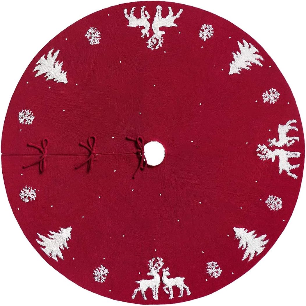 LOMOHOO Weihnachtsbaum-Rock 122cm gestrickt 3D-Elch-Weihnachtsbaum-Unterlage,Rustikaler roter Baumro
