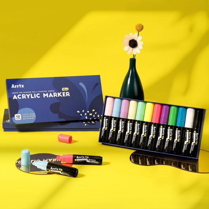 Arrtx Acrylstifte Marker 12 Stück Keil-Spitze 10mm für breite Markierungen - wasserfest, schnell-tro