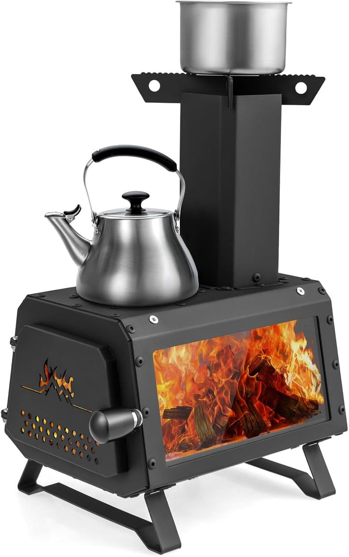 COSTWAY Zeltofen, Holzofen Outdoor, Campingofen mit 2 Kochflächen, Sichtfenster & Aschepfanne, Garte