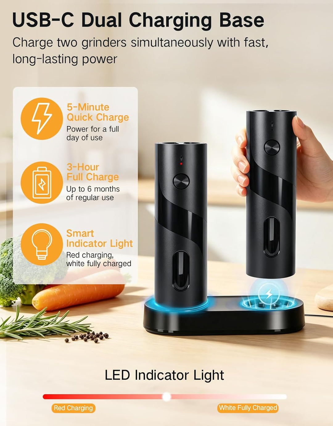 Elektrische Salz- und Pfeffermühle Set aus Edelstahl, USB-C Dual-Ladestation, 110 ml grosse Kapazitä