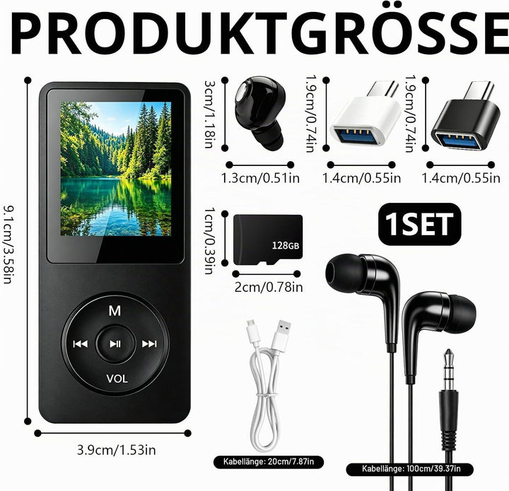 MP3 Player Bluetooth 5.3 128GB mit Lautsprecher, HiFi Musikplayer Tragbar 70H Akku, MP3 Player Sport
