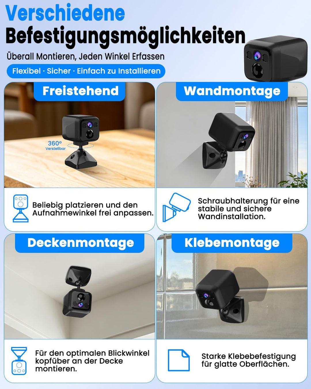 UCOCARE Mini Überwachungskamera Innen Ohne WLAN, 4K Mini Kamera mit Akku 5000mAh, WiFi &amp; AP Modus, N