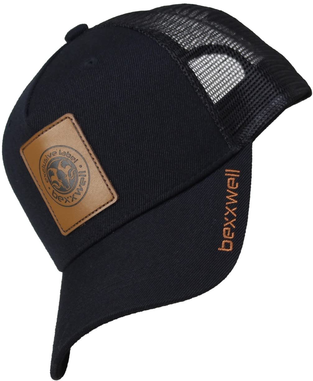 Bexxwell Trucker Cap schwarz mit Leder-Patch (optimale Passform, Kappe, Black, Truckercap, Logo, Cap