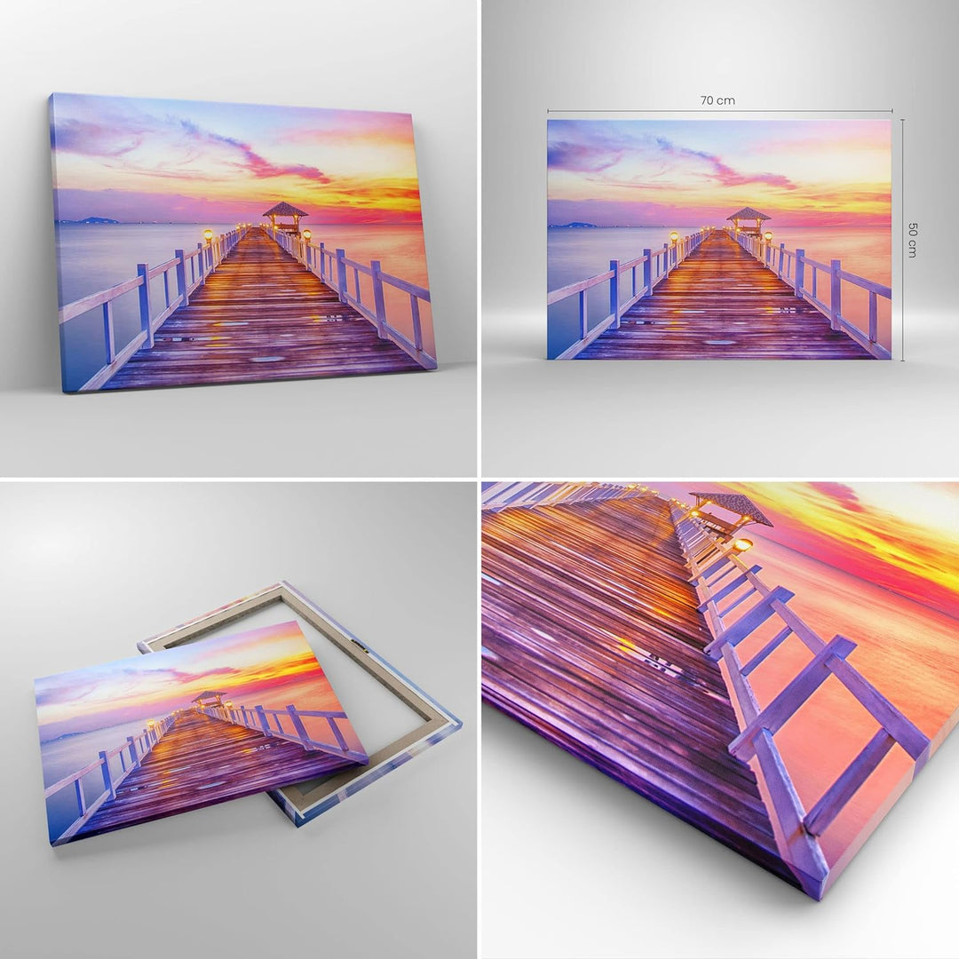 Bilder auf Leinwand Sonnenuntergang Wasser Brücke Horizont Leinwandbild 70x50cm Wandbilder Dekoratio