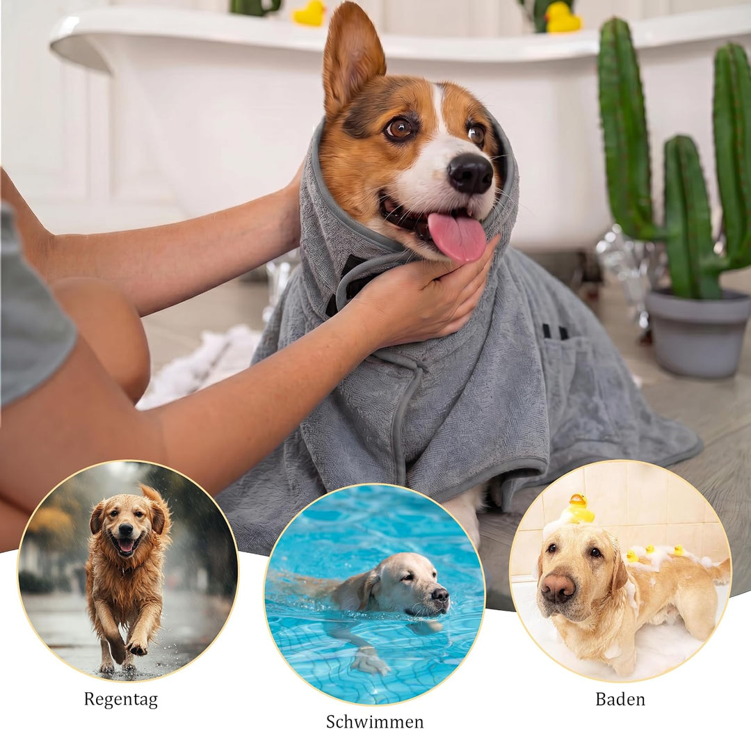 Hundebademantel Mikrofaser mit Klettverschluss saugstark | Als Bademantel Hund&amp;Hundehandtuch für all