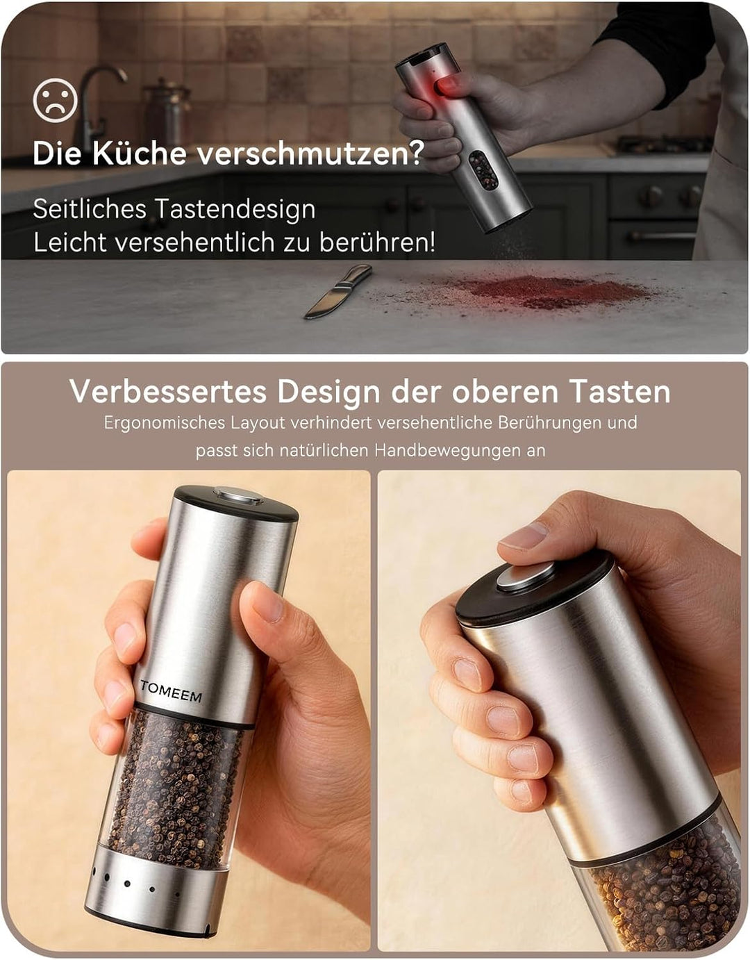 TOMEEM Elektrisches Salz- und Pfeffermühlen-Set, Type-C wiederaufladbar, LED-Akkuanzeige, Edelstahl-