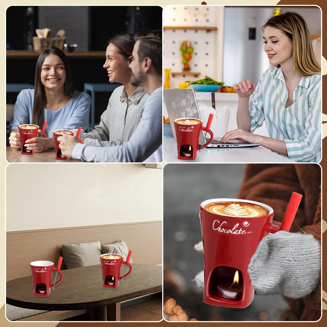 Schokoladen Fondue Becher Set, 200 ml Keramik Schokoladenfondue Tasse, Schokofondue Tasse mit Gabel
