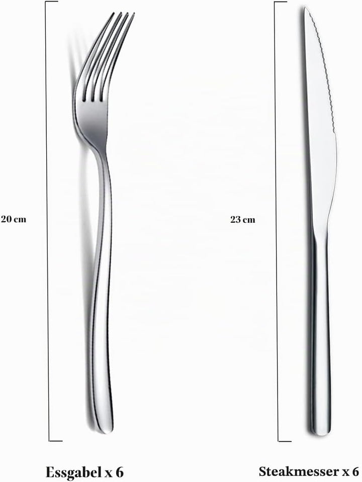 Steak Besteckset 12-Teilig, Premium Edelstahl 6 Tafelgabeln und 6 Tafelmesser-Set, Steakmesser Steak