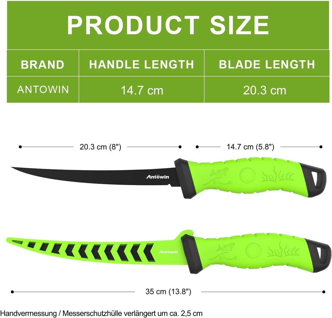 ANTOWIN 20,3 cm Fishing Edelstahl Filetiermesser Set mit Messer-Schärfer, Ergonomischer ABS Griff, B
