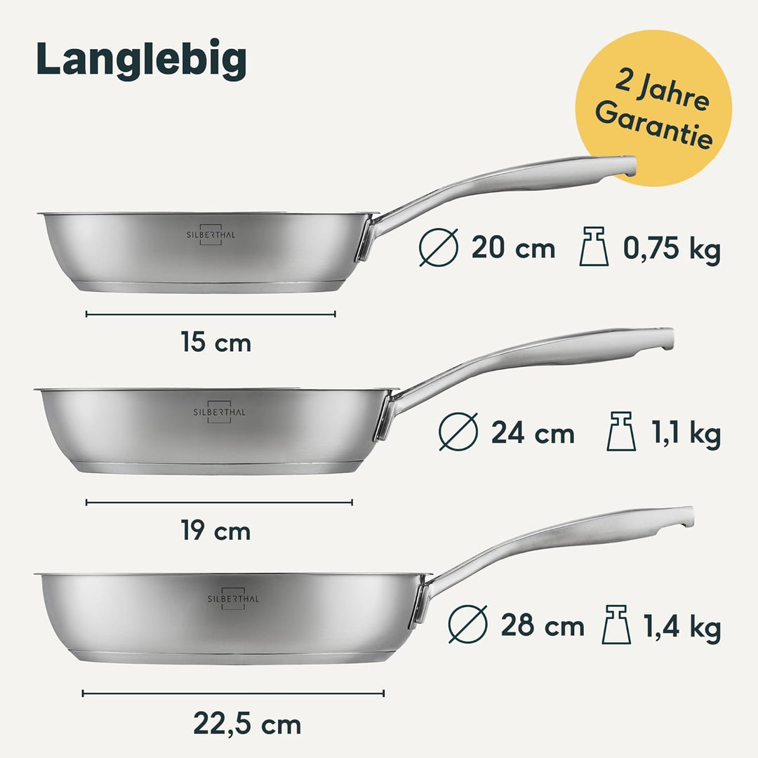 SILBERTHAL Pfannen- und Topfset 9 teilig - Edelstahl - Kochtopf 2,5l,3,5l, 5l und Pfannen 20cm, 24 &