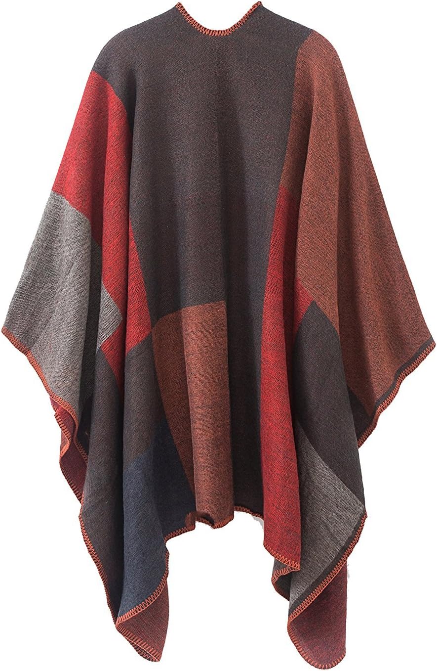 Shmily Girl - Damen Poncho Habe Gestrickt Überdimensionalen Decke Kap-Schal Plaid / Rot, Plaid / Rot