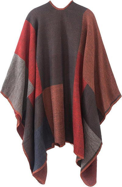Shmily Girl - Damen Poncho Habe Gestrickt Überdimensionalen Decke Kap-Schal Plaid / Rot, Plaid / Rot