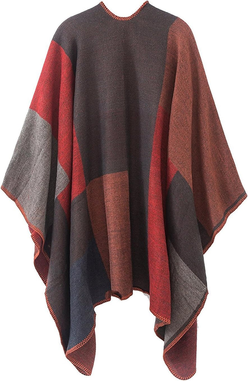 Shmily Girl - Damen Poncho Habe Gestrickt Überdimensionalen Decke Kap-Schal Plaid / Rot, Plaid / Rot