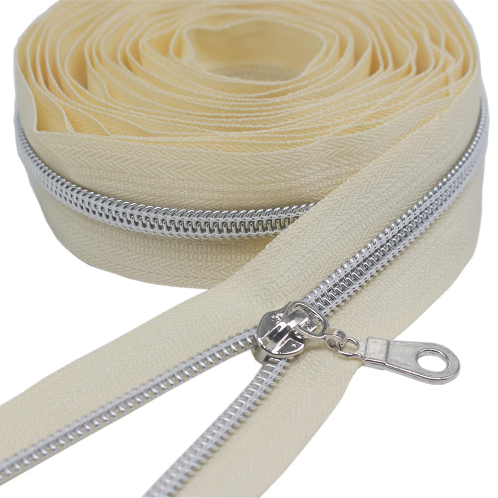 YaHoGa 9 m silberfarben endlos Reissverschluss Meterware Beige Reissverschluss 6mm-Spirale + 25 Nonl