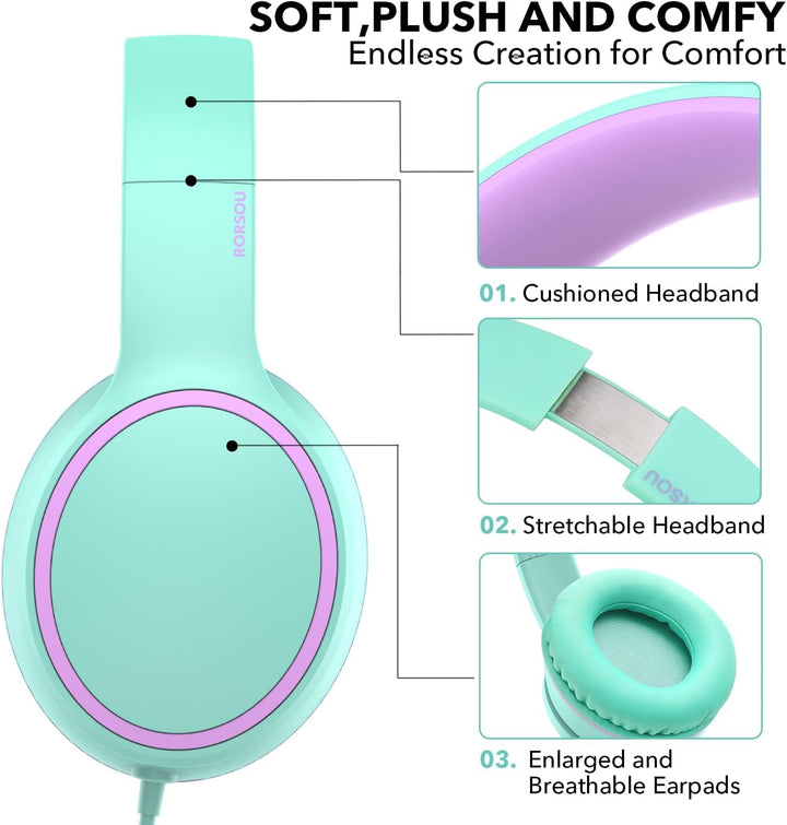 RORSOU R10 Over-Ear Kopfhörer mit Mikrofon, Leichtgewichtige klappbare Stereo-Bass-Headset mit 1,5 m
