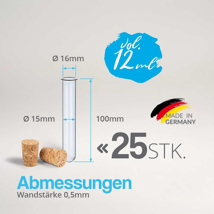 Tuuters 25x Glas Reagenzgläser mit Korken, Reagenzglas mit Bördelrand (100 x Ø 16mm) 100 x Ø 16mm Pr