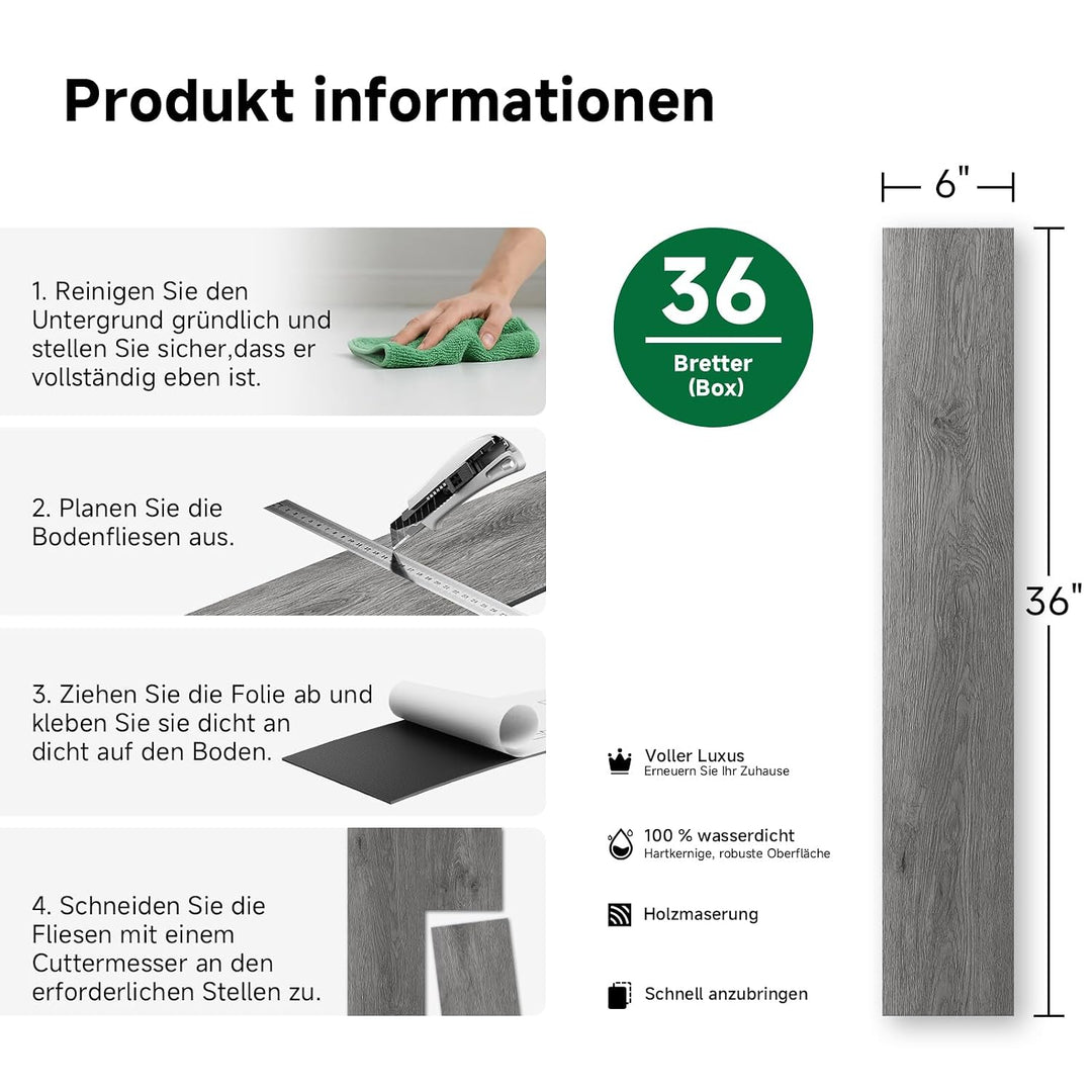 Vinylboden Selbstklebend, Holzoptik Wasserdicht Vinylboden, PVC Bodenbelag, 37 Dielen, für Küchen Es