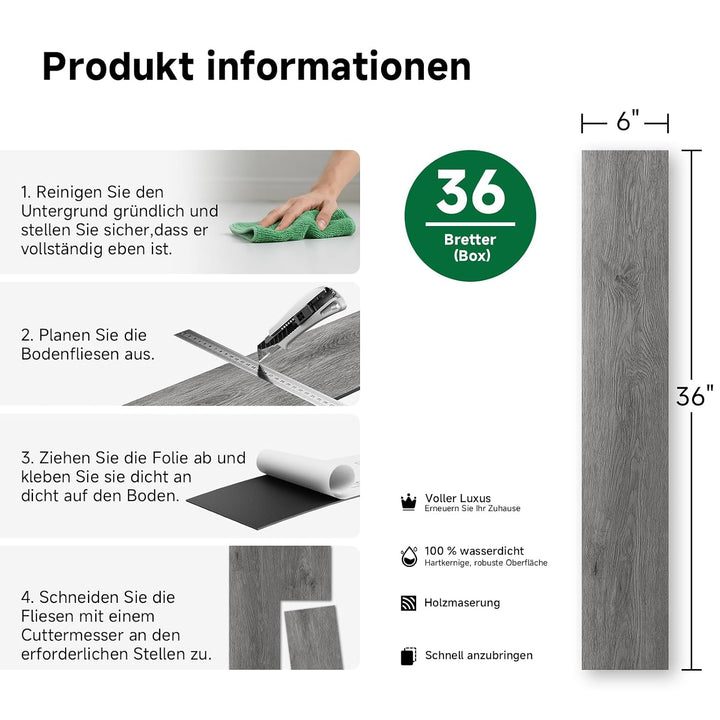 Vinylboden Selbstklebend, Holzoptik Wasserdicht Vinylboden, PVC Bodenbelag, 37 Dielen, für Küchen Es