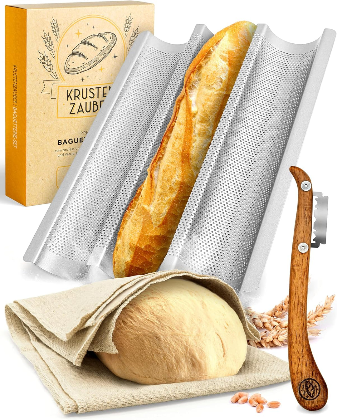 KRUSTENZAUBER Baguette Backform Antihaft inkl. Bäckerleinen u. Bäckermesser - 3er Baguette-Backblech