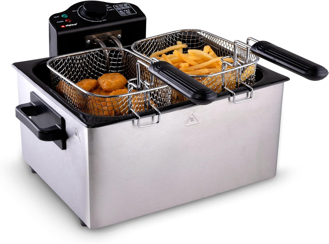 alpina Fritteuse - 3 Körbe - 5 Liter - 2000 Watt - Thermostat bis 190 °C - Anti-Heizung - Edelstahl