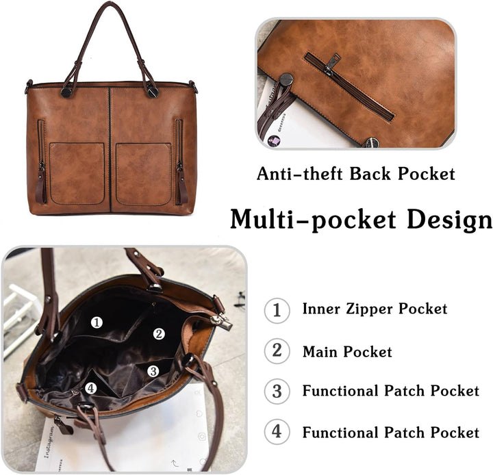 PORRASSO Retro Handtasche Damen Schultertasche Gross Henkeltaschen Frauen PU Leder Umhängetasche für
