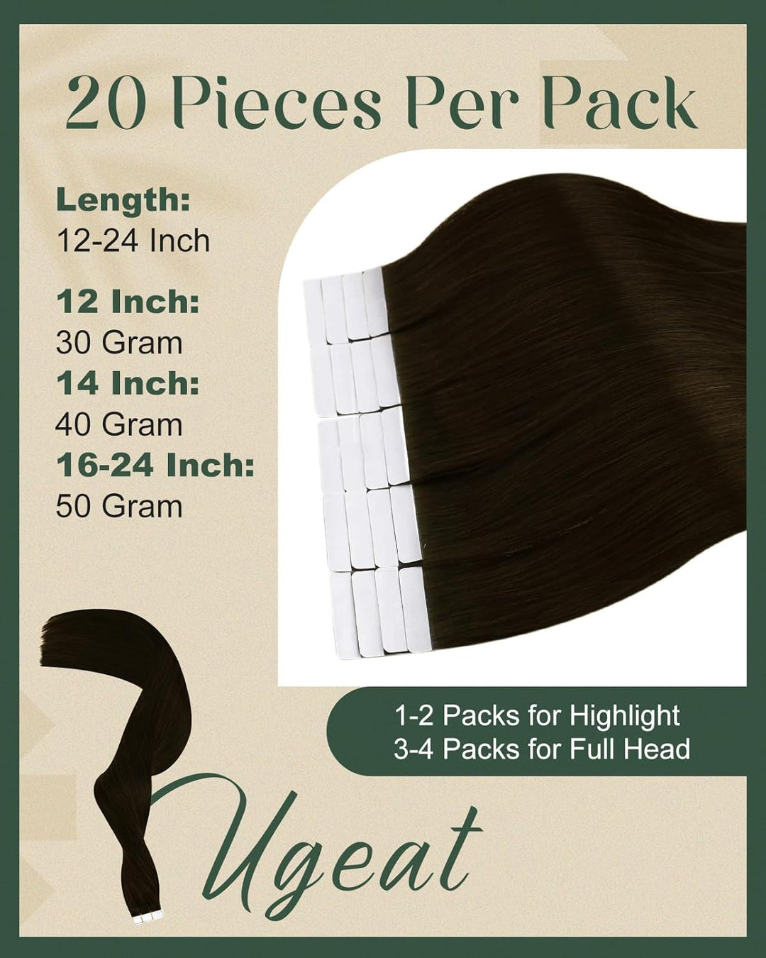 Ugeat Invisible Tape in Extensions Echthaar Schokobraun Echthaar Extensions Tape Haarverlängerung Ec