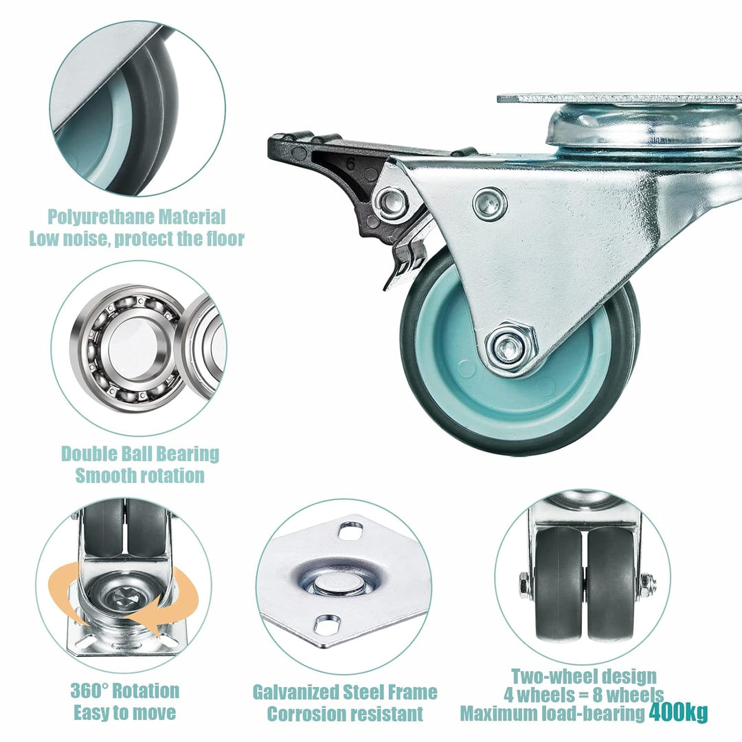 4 Stück Doppelrollen Lenkrollen mit Bremse 50mm Transportrollen Möbelrollen mit bremse bis 400kg Str