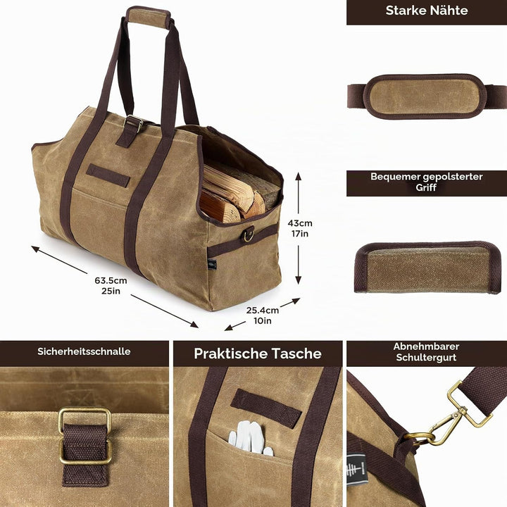 kaminholztasche Kaminholz Holzkorb Tragetasche Brennholztasche Kaminholzträger gewachstes Segeltuch