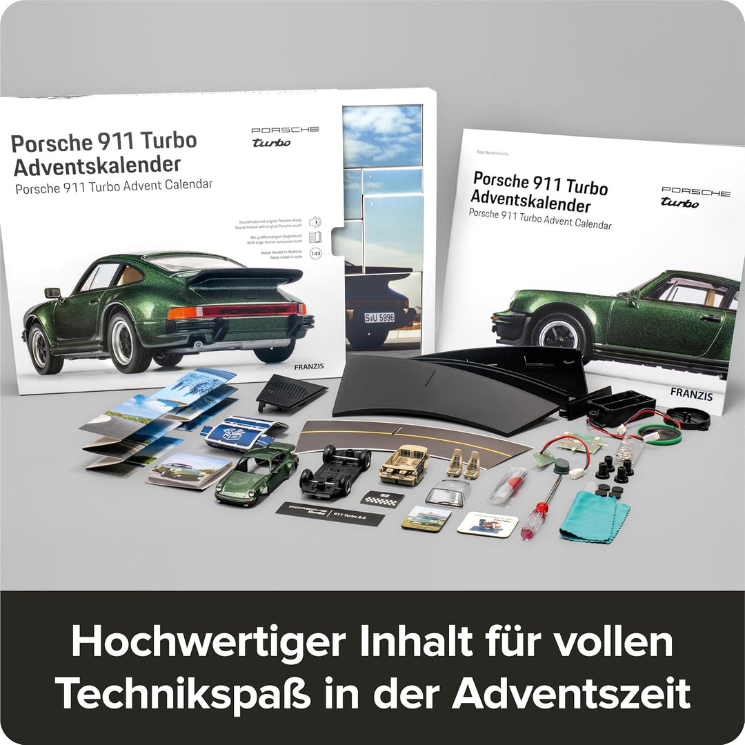 FRANZIS 67233 - Porsche 911 Turbo Adventskalender - Modellbausatz im Massstab 1:43, inkl. Soundmodul