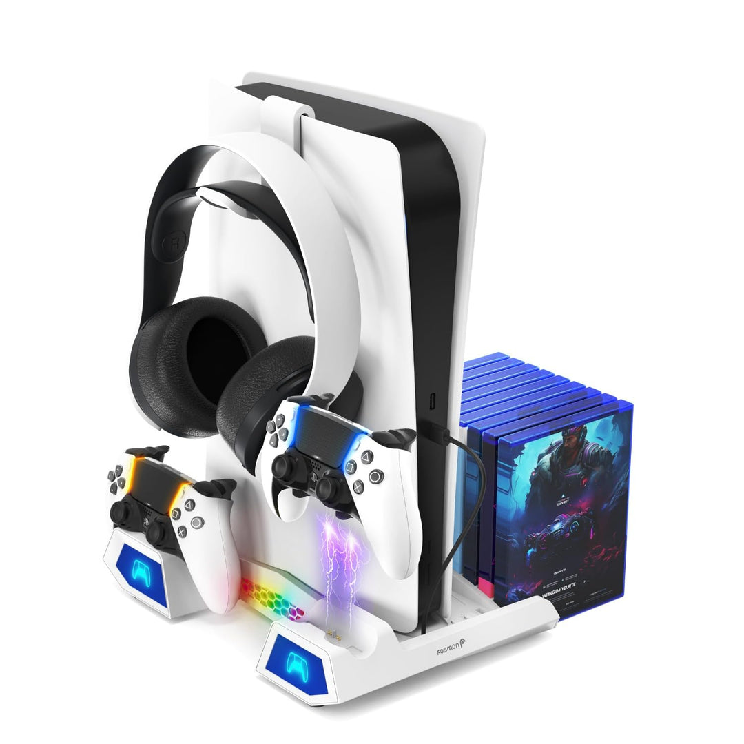 Fosmon - PS5 Ständer mit 3 stufig Lüfter und Licht, PlayStation 5 Slim/pro Standfuss mit 2 USB Ports