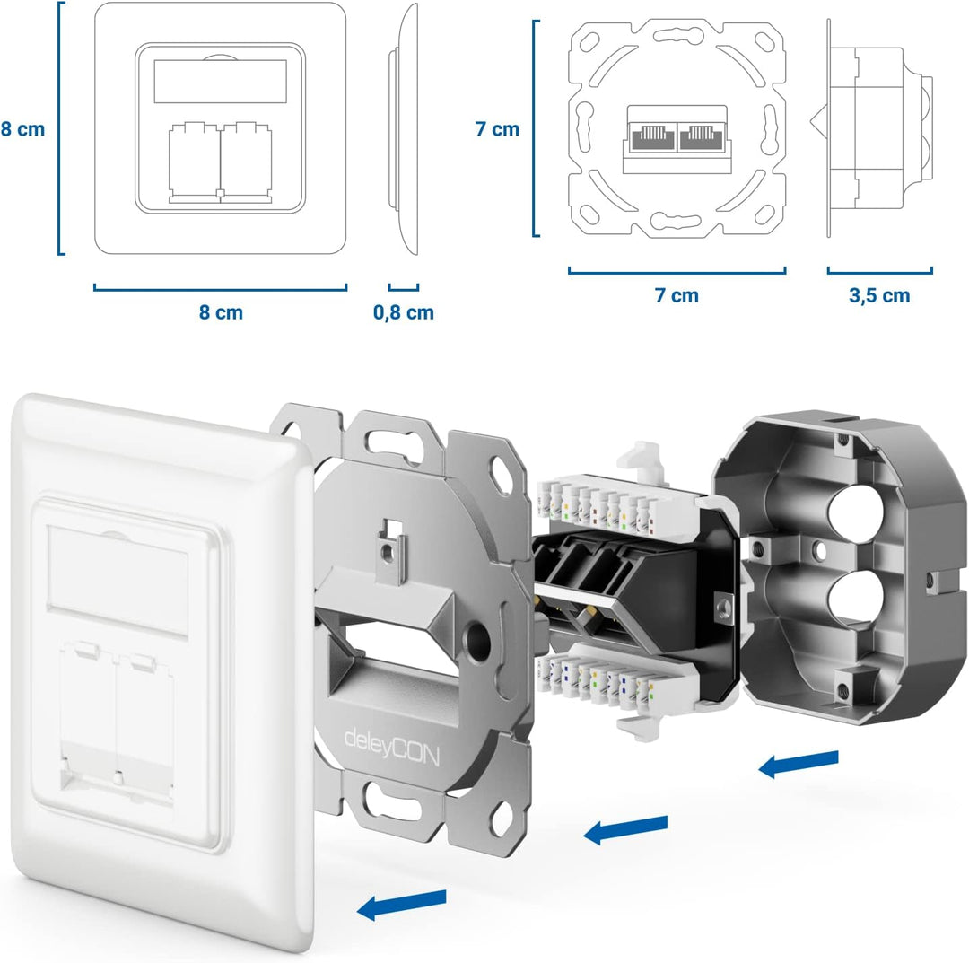 deleyCON 4x CAT6a Netzwerkdose 2x RJ45 Buchse Geschirmt Unterputz Montage 10 Gbit Ethernet Netzwerk