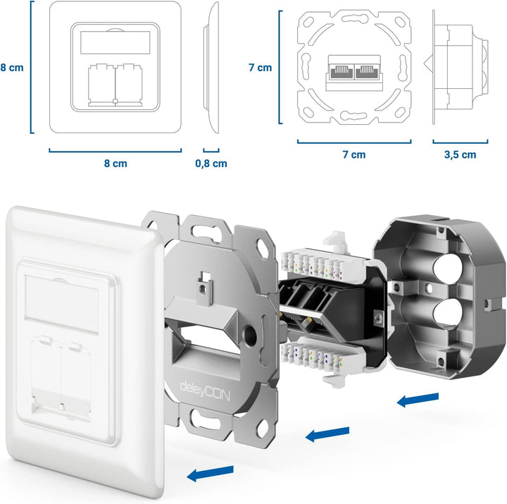 deleyCON 4x CAT6a Netzwerkdose 2x RJ45 Buchse Geschirmt Unterputz Montage 10 Gbit Ethernet Netzwerk