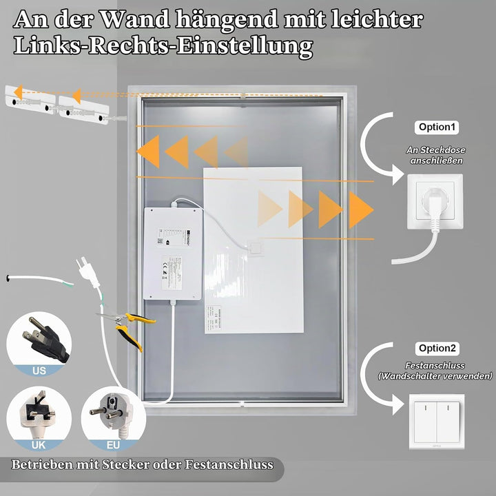 Beleuchteter Spiegel 100 x 70 cm, beleuchteter Badspiegel, LED-Spiegel mit Uhr, 3 einstellbare Licht