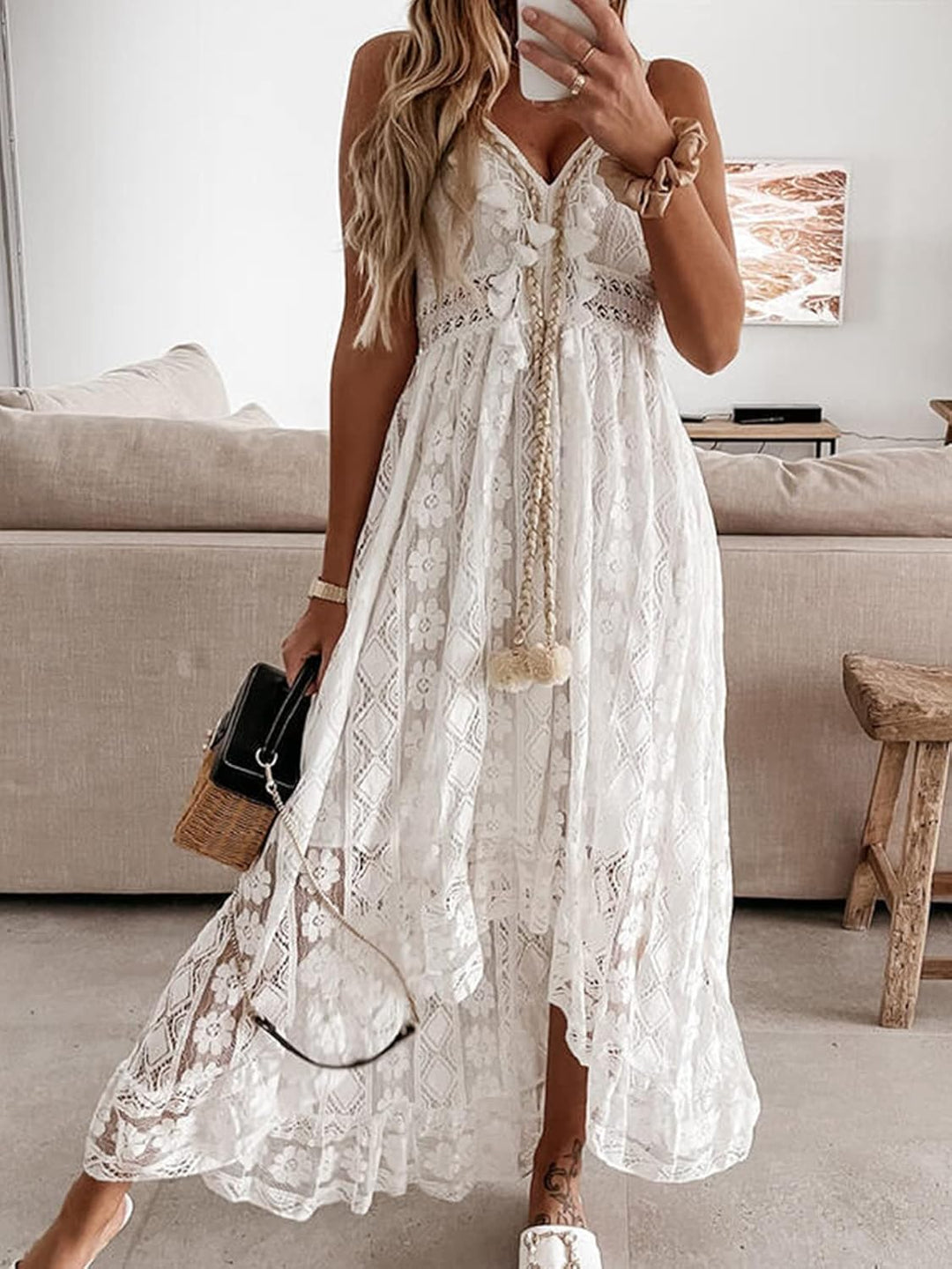 CUPSHE Damen Sommerkleid V Ausschnitt Floral Spitze Quasten Spaghetti Trägerkleid Freizeitkleider Hi