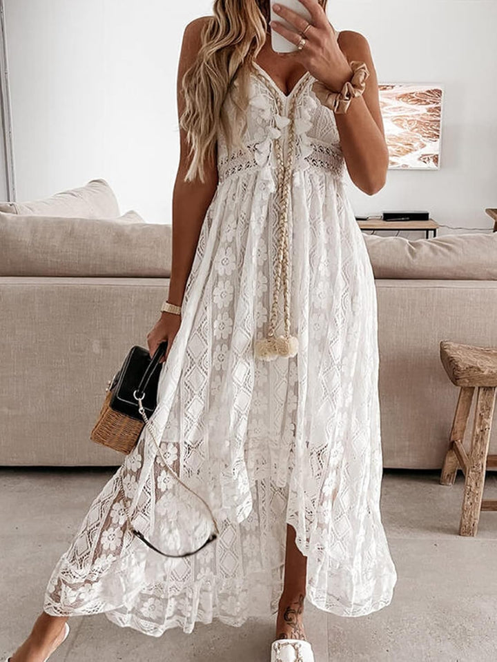 CUPSHE Damen Sommerkleid V Ausschnitt Floral Spitze Quasten Spaghetti Trägerkleid Freizeitkleider Hi
